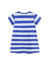 1pc Toddler Girls" Casual Short Sleeve Dress With Cartoon Seahorse Embroidery And Striped Round Neck For Summer